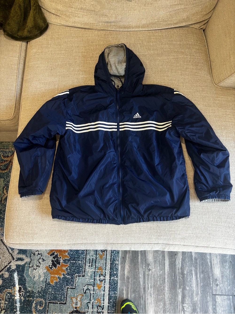 adidas Navy Hooded Reversible Windbreaker with White Stripes
